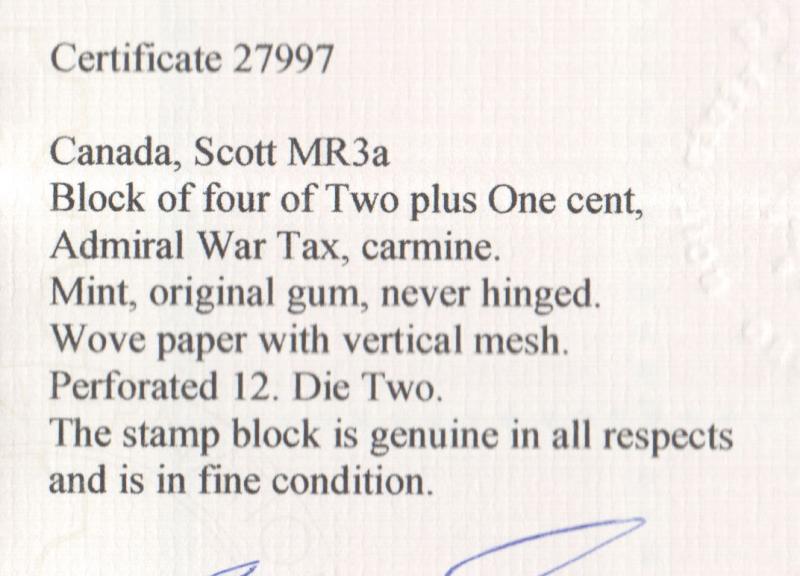 Canada #MR3a NH Mint Block **With Certificate**