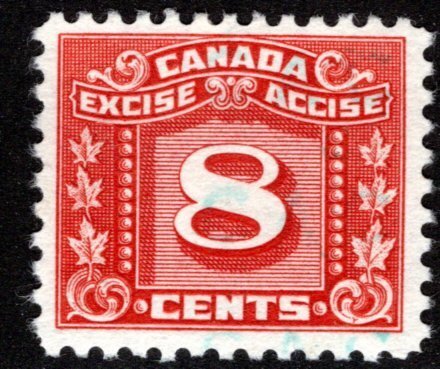 van Dam FX70, 8c red, used, Three Leaf Excise Tax, F/VF, Canada Federal Excise R