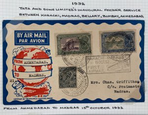 1932 Ahmedabad India First Flight Airmail Cover  FFC to Madras Tata Sons Ltd