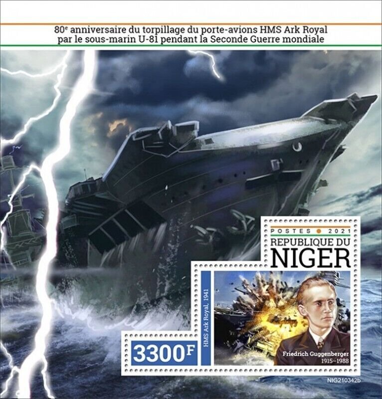 Niger - 2021 HMS Ark Royal Aircraft Carrier - Stamp Souvenir Sheet - NIG210342b