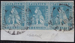 1851-52 TUSCANY, n. 5d - 2 blue craths on gray, STRIP OF THREE ON FRAGMENT, Giul