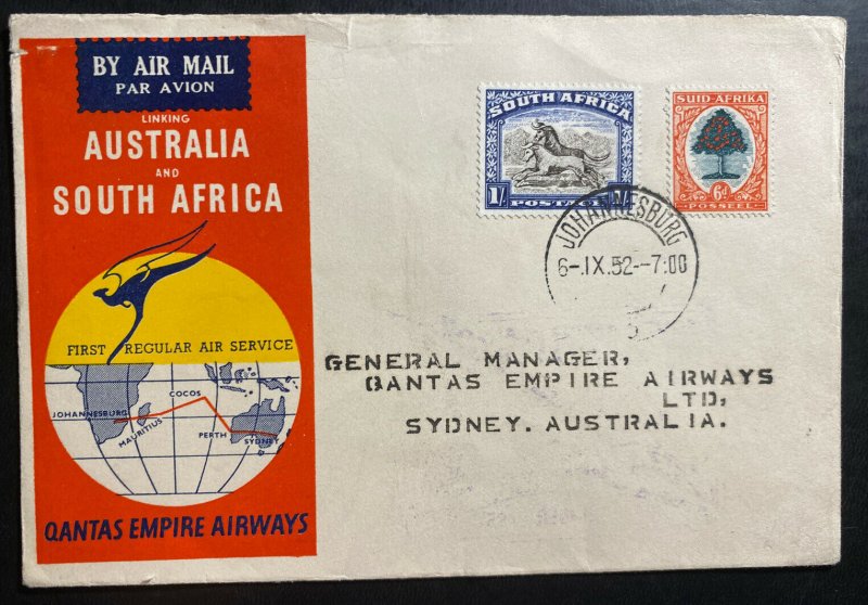 1952 Johannesburg South Africa First Flight Cover  FFC To Sydney Australia Qanta 