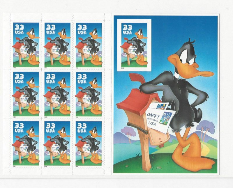 US Scott # 3307 Daffy Duck Imperf Mint Pane of 10 issued in 1999