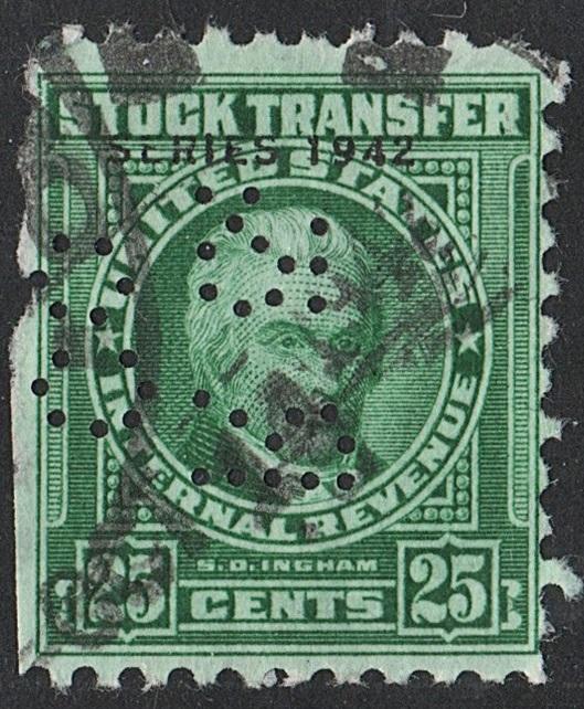 RD123 25¢ Revenue: Stock Transfer (1942) Perfin/Fault