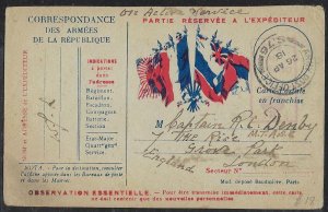 FRANCE UK 1918 WWI PC SHOWING FLAGS OF THE ALLIANCE FRENCH ARMY CORRESPONDING