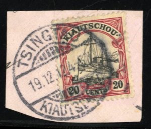 German Colonies, Kiauchau #37 Cat$15, 1908 20c lake and black, used on piece