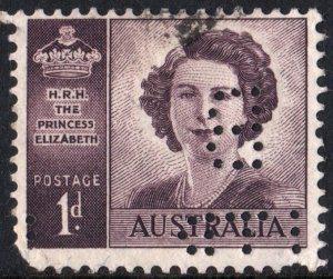 Australia SC#210 1d Princess Elizabeth Single (1947) Used/Perfin