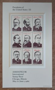 US #2218 22c Presidents of the United States:III Ameripex86 pane of 9 MNH (1986)