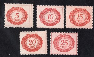 Liechstenstein 1920 5h to 25h Postage Dues, Scott J1-J5 MH, value = $1.25
