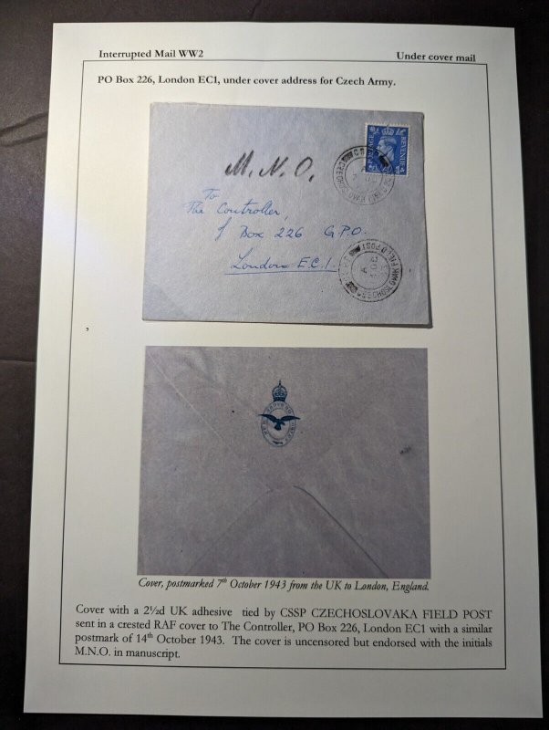 1943 England Undercover Mail Cover UK to London Czech Army FPO