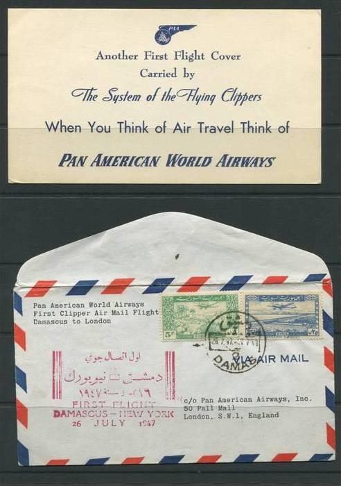 SYRIA-US 1947 FIRST FLIGHT DAMASCUS TO NEW YORK ON PAN AM AIRWAYS VIA LONDON ...