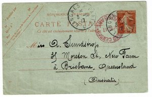 Australia 1917 incoming postal card from France, Passed Censor Brisbane in red