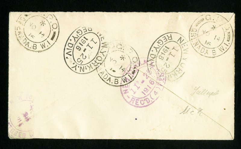 Grenada Stamps 1916 Registered Cover to NY w/ 7 War Tax Stamps + Backstamps