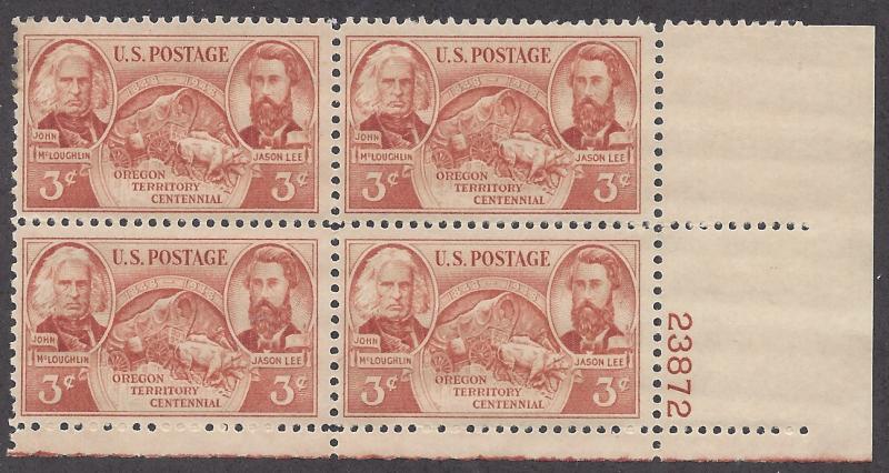 964 Plate block 3cent Oregon Territory 100 yrsMcLoughlin Lee