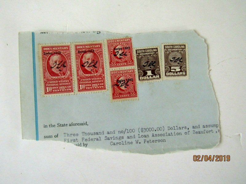 #R631 x2 & R634 x2 & $1.00 & $5.00 SC Documentary Stamps on piece,1953, Unusual 