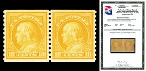 Scott 497 1922 10c Franklin Coil Pair Mint Graded XF-Sup 95 NH with PSE CERT