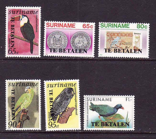 Surinam-Sc#J58-63-unused NH Postage Due set-Birds-1987-