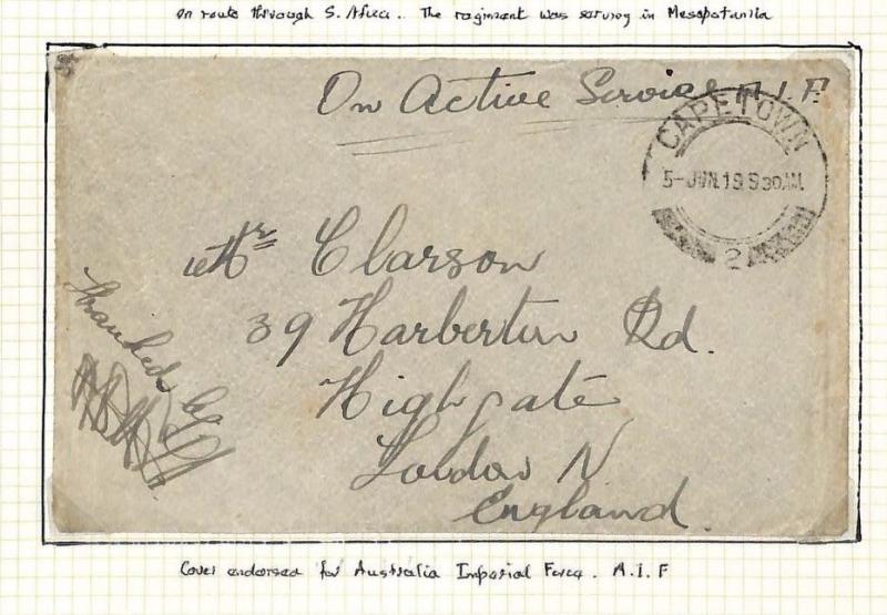 LA78 1917 SA *CAPE TOWN* WW1 Mesopotamia Active Service Mail GB Post Card PTS