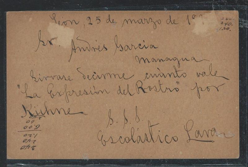 NICARAGUA (P1910B) 1896  PSC 2C LEON TO MANAGUA WITH MSG