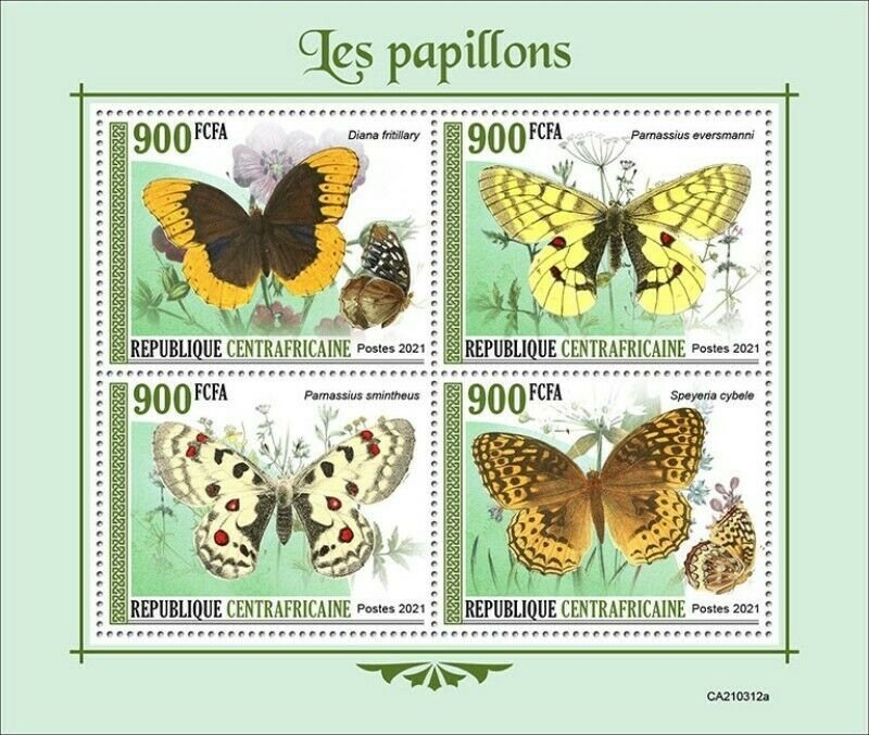 Central Africa - 2021 Butterflies, Apollo, Fritillary - 4 Stamp Sheet - 