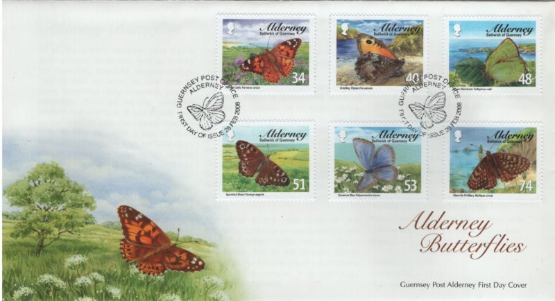 Alderney 2008 FDC Sc 313-318 Butterflies Set of 6