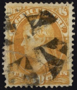 USA #O5 Jefferson 10c Dept of Agriculture Official Stamp Yellow 1873 Used Repair
