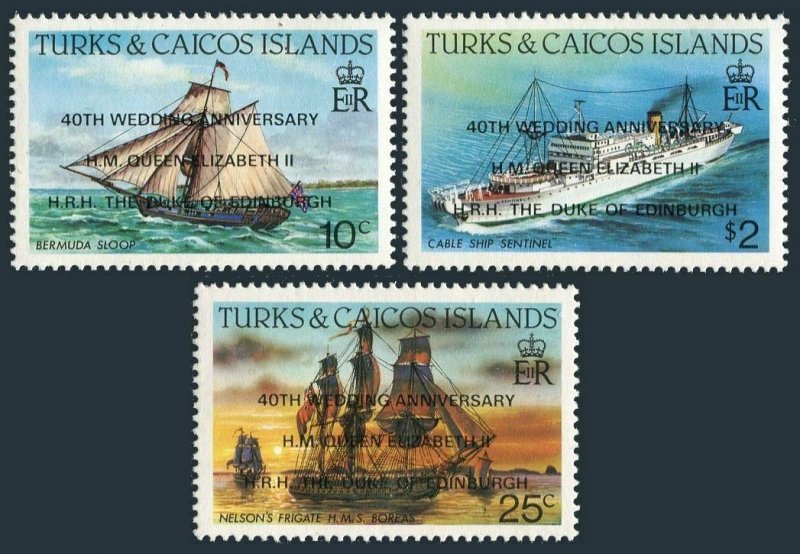 Turks & Caicos 744-746,MNH.Mi 811-813. Ships overprinted,1988,QE II 40th Wedding