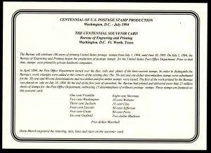 1994 U. S. Stamp Centennial SC140A souvenir card CV $75