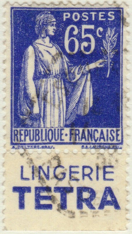 FRANCE - 1937 Pub LINGERIE TETRA sur Yv.365b 65c Paix obl.