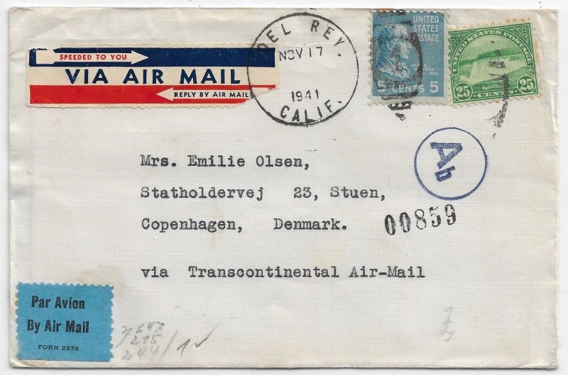 Del Ray, Ca to Copenhagen, Denmark 1941 Airmail, 5c Prexie & 25c ... (C5843)