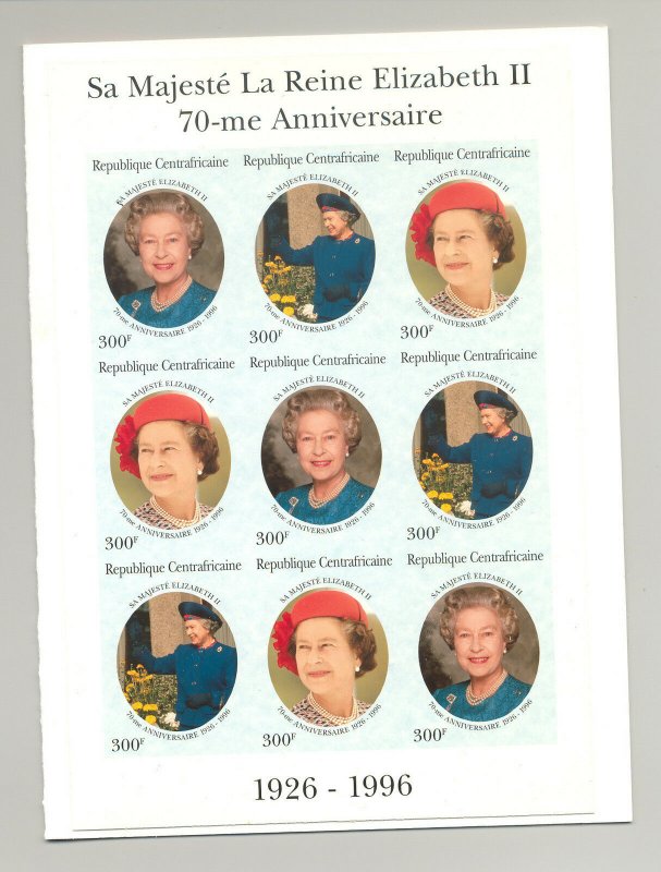 Central Africa 1996 Queen 70th Birthday M/S of 9 & S/S Imperf Chromalin Proofs