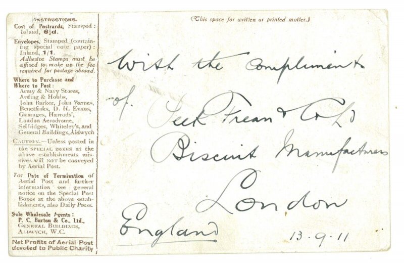 P3648 - Airmail , Great Britain 14.9.1911, Special semi official post card,