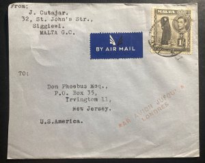 1940s Malta Airmail Cover to Irvington NJ Usa Via London
