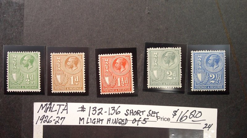 Malta 1926-27 Scott# 132-136 VF-XF OG Light Hinge short set of 5