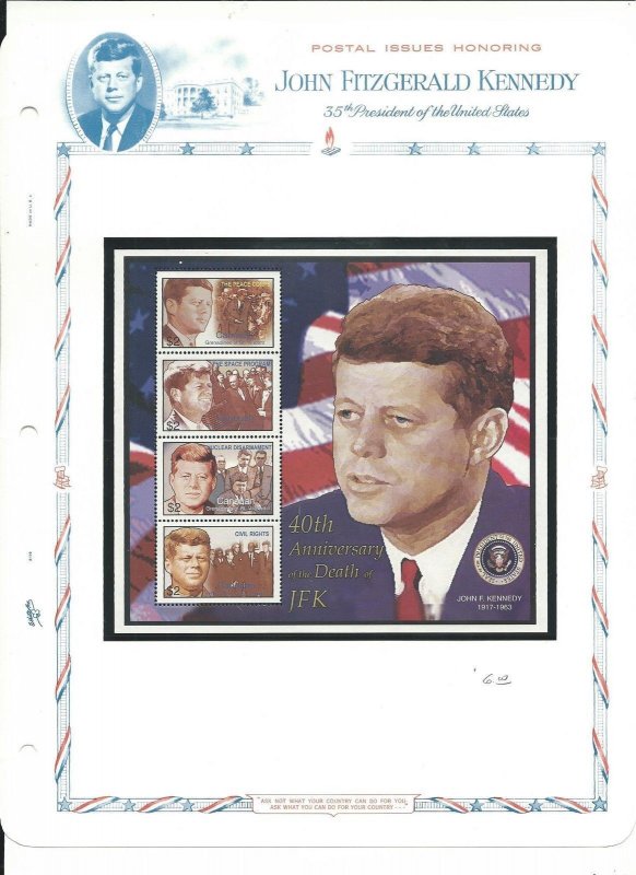 St Vincent Collection, John Kennedy on 8 White Ace Pages, Mint NH Sheets