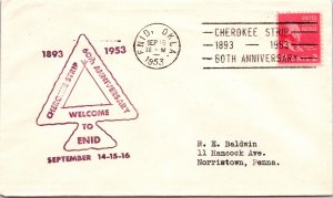 60th ANNIVERSARY OF THE CHEROKEE STRIP WELCOME ENID OKLAHOMA CACHET SLOGAN 1953