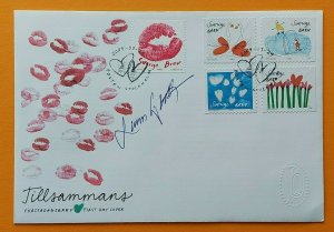 Sweden 2009 Scott 2603, 2604 a.-d Greeting hearts swans FDC signed by Sjooblom