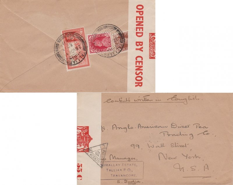 India 1/2a and 1a KGVI and 2a KGVI Dak Runner 1940 Talliar to New York, N.Y. ...