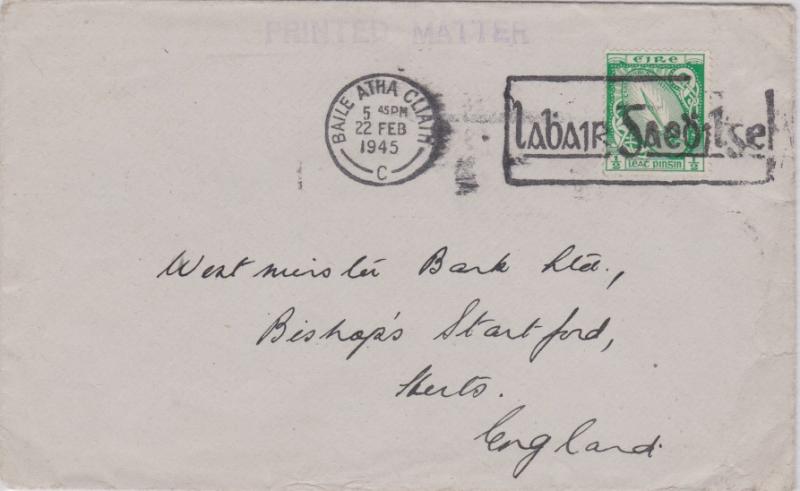 Ireland 1/2d Sword of Light 1945 Baile Atha Cliath Printed matter to Bishop's...