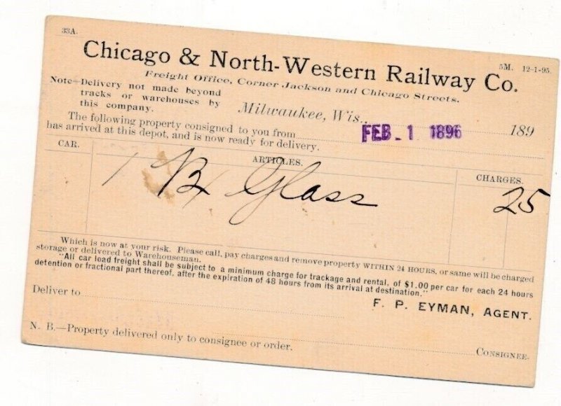 D389766 USA Postal Stationery Milwaukee 1896 Chicago & North Western Railway