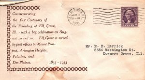 FIRST CENTURY OF THE FOUNDING OF ELK GROVE CACHET COVER DES PLAINES 1933 (stain)