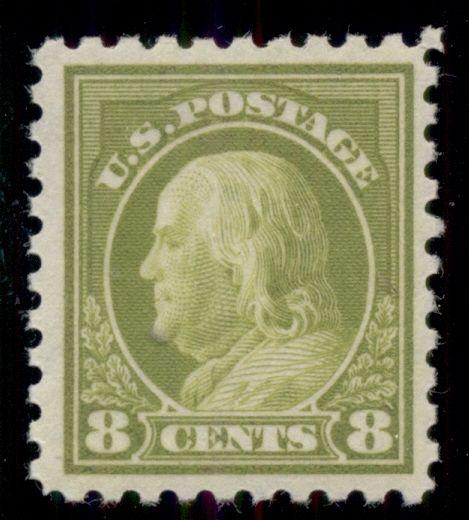 US #431 8¢ pale olive green, p. 10, og, NH, XF