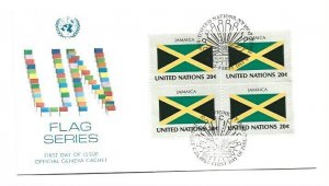 United Nations #405 Flag Series 1983, Jamaica, Geneva block of 4 FDC