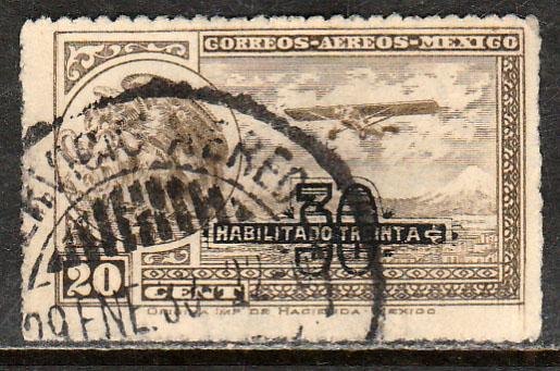 MEXICO C49, 30 on 20c SURCHARGED ARMS & PLANE. USED. (503)