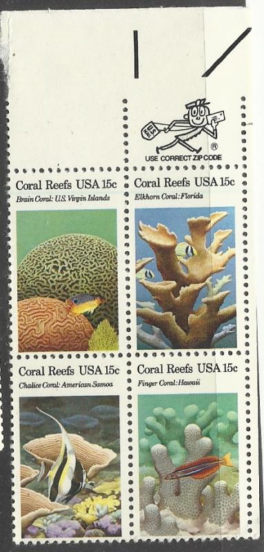 1827-1830 15c Block of 4 MNH VF Centering Coral Reefs