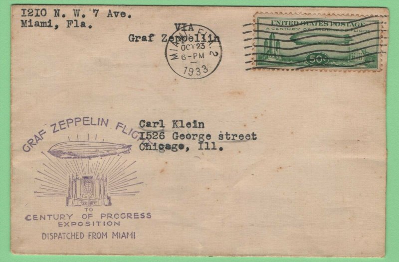 $US Sc#C18 Miami to Chicago Oct. 23, 1933 Zeppelin flight cover