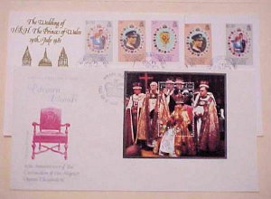 PITCAIRN ISLAND FDC 2 DIFF. PRINCESS DIANA 1981 & SHEETLET QUEEN ELIZABETH II