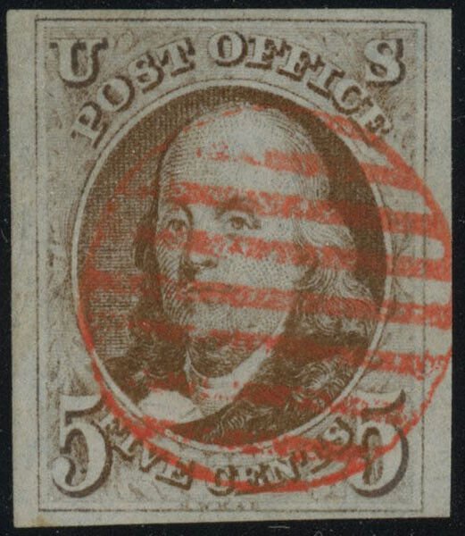 USA  Scott# 1 Red Brown Four margins RED Grid Cancel USED PF Cert  (51765) 