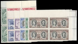 Turks & Caicos Islands #94-100 Cat$47, 1948 1/2p-10sh, complete set in blocks...