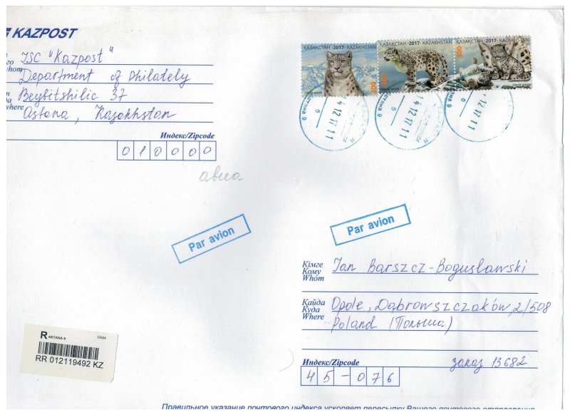 Kazakhstan 2017 Registered Cover to Poland Stamps Animals Snow Leopard